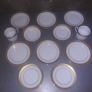 Fitz and Floyd Porcelain Plate and Mug Set Oak Park White Gold Trimmed Lot of 12